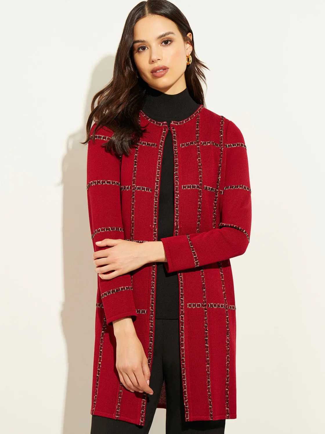 Misook Heritage Fit Tweed Trim Windowpane Knit Duster* Jackets & Coats