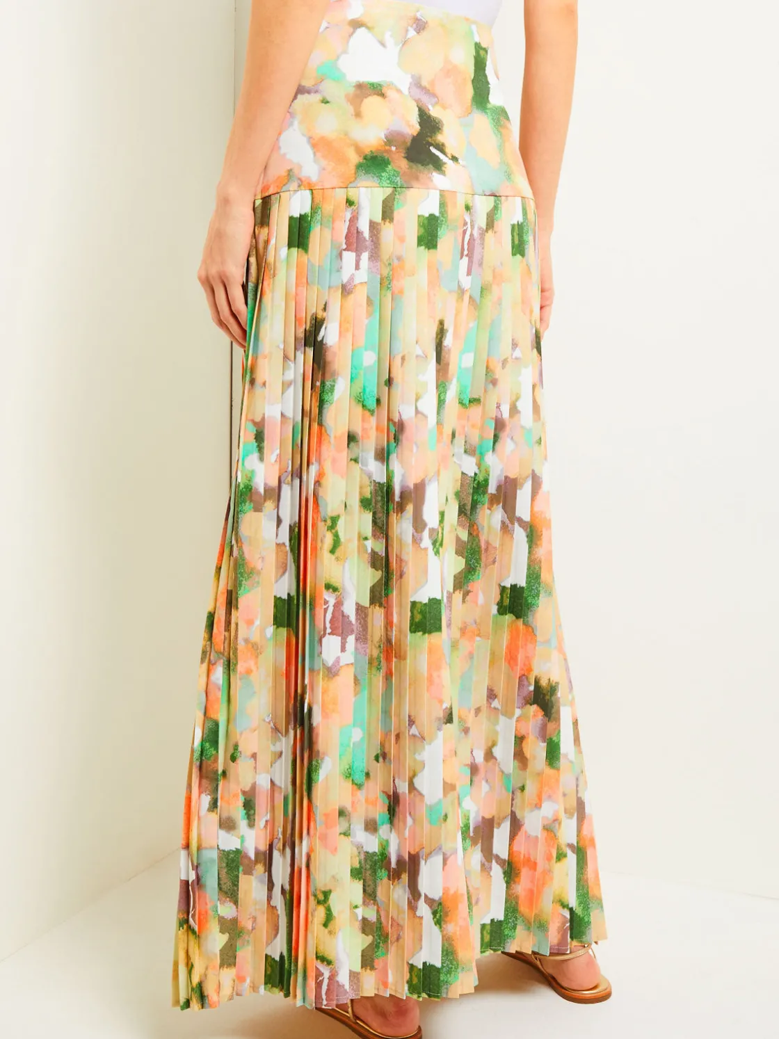 Misook Maxi Drop Waist Skirt - Pleated Watercolor Woven* Skirts
