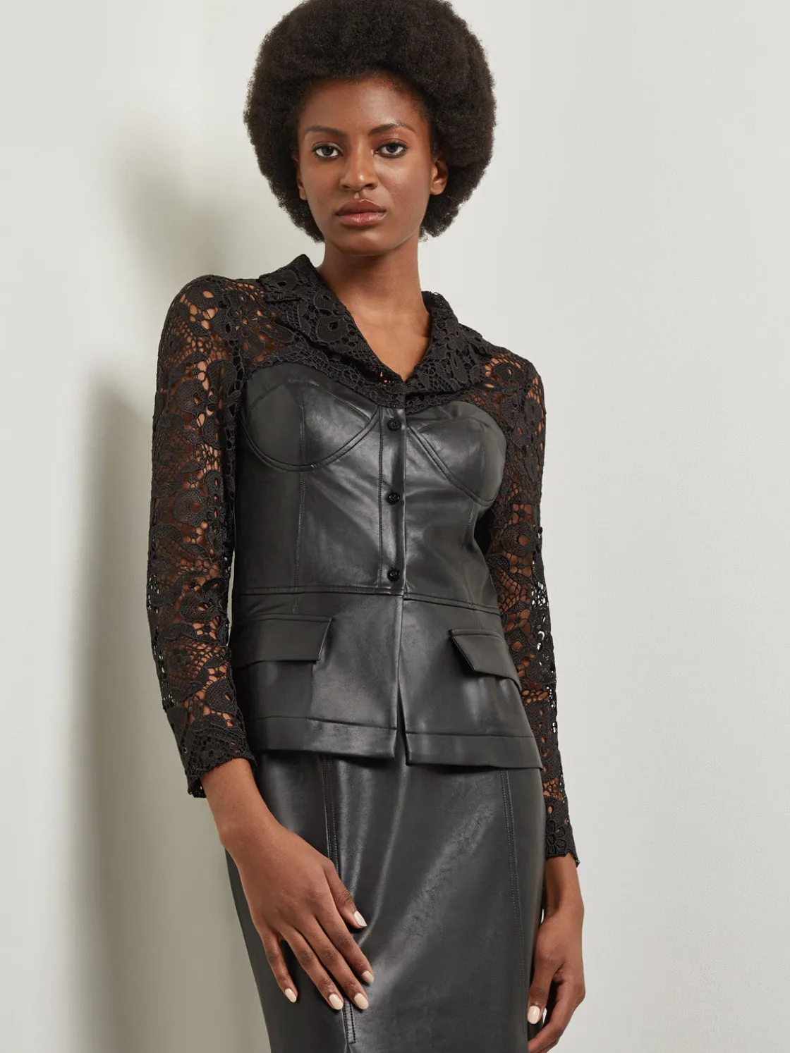 Misook Modern Fit Lace & Vegan Leather Corset Jacket* Jackets & Coats
