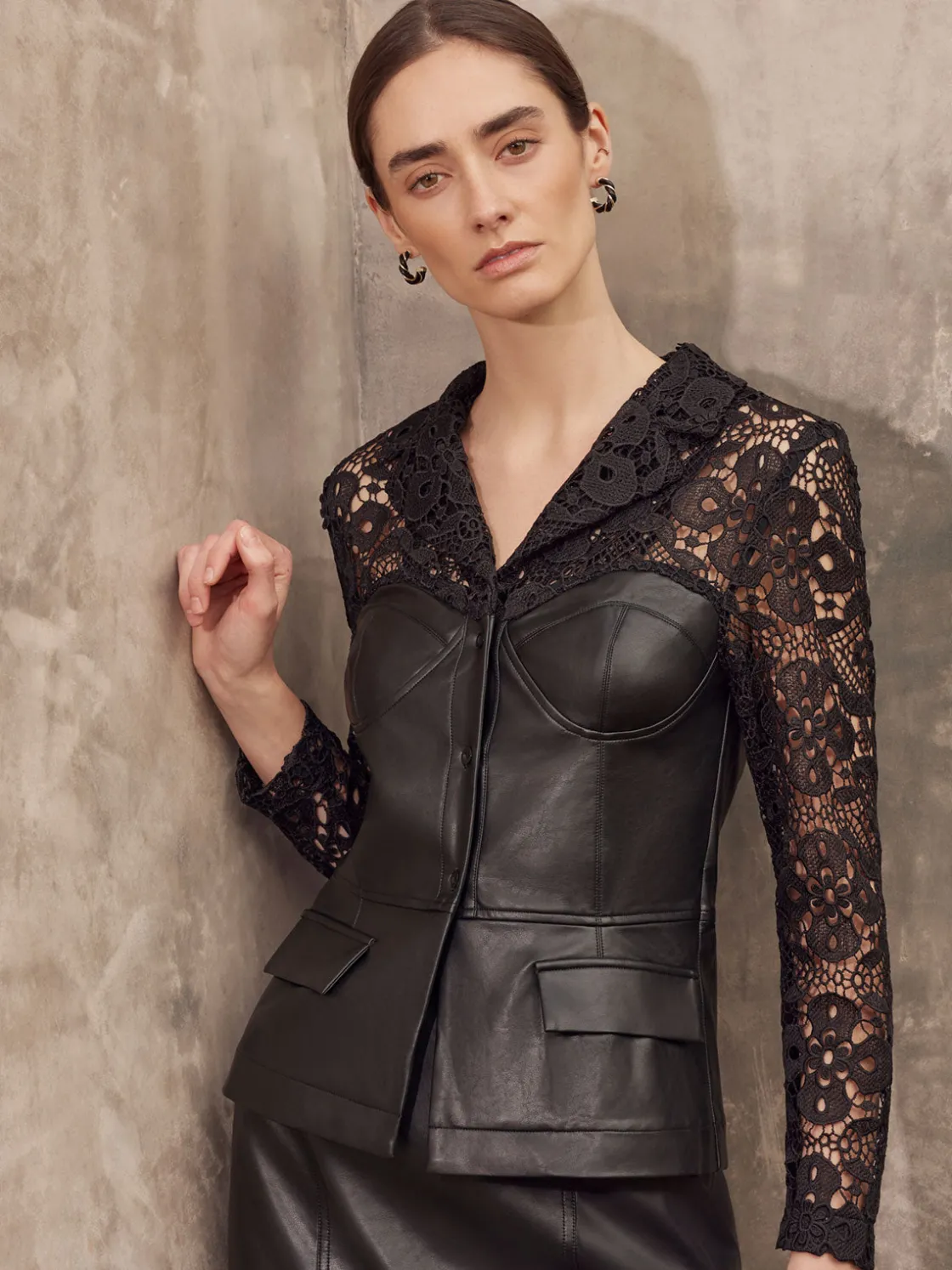 Misook Modern Fit Lace & Vegan Leather Corset Jacket* Jackets & Coats