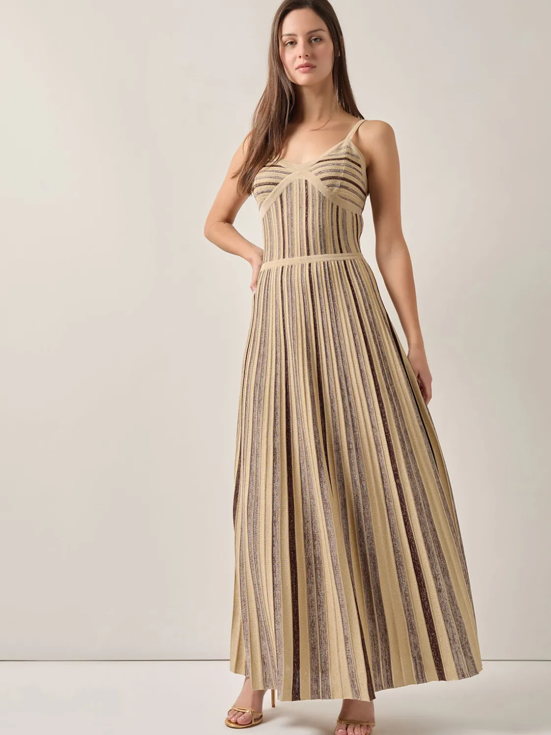 Misook Modern Fit-and-Flare Lurex Striped Knit Maxi Dress* Dresses