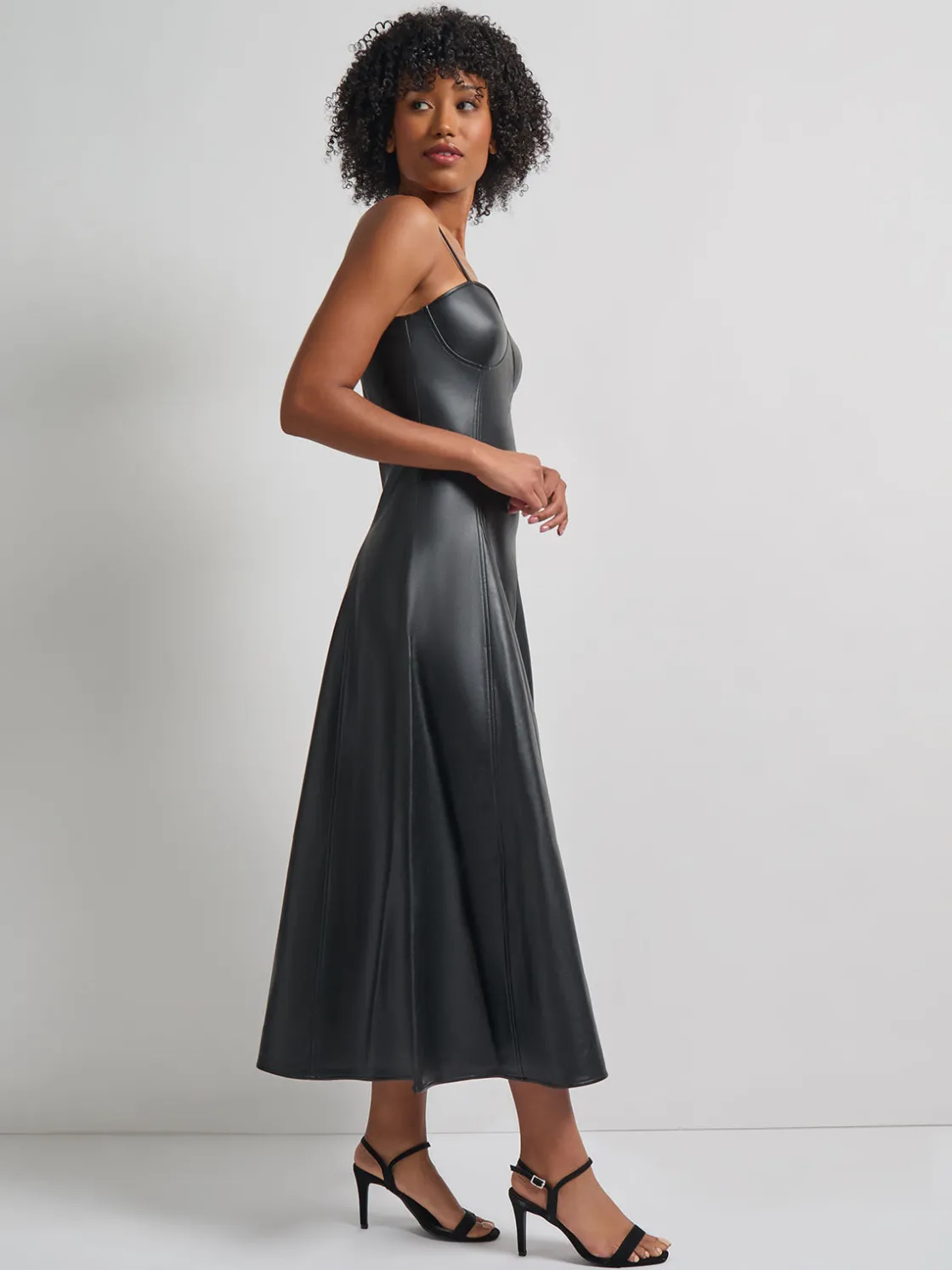 Misook Modern Fit-and-Flare Vegan Leather Princess Seam Maxi Dress* Dresses