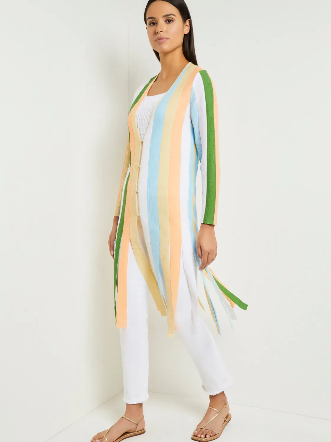 Misook Open Neck Heritage Fit Jacket - Striped Intarsia Knit Fringe Hem* Jackets & Coats