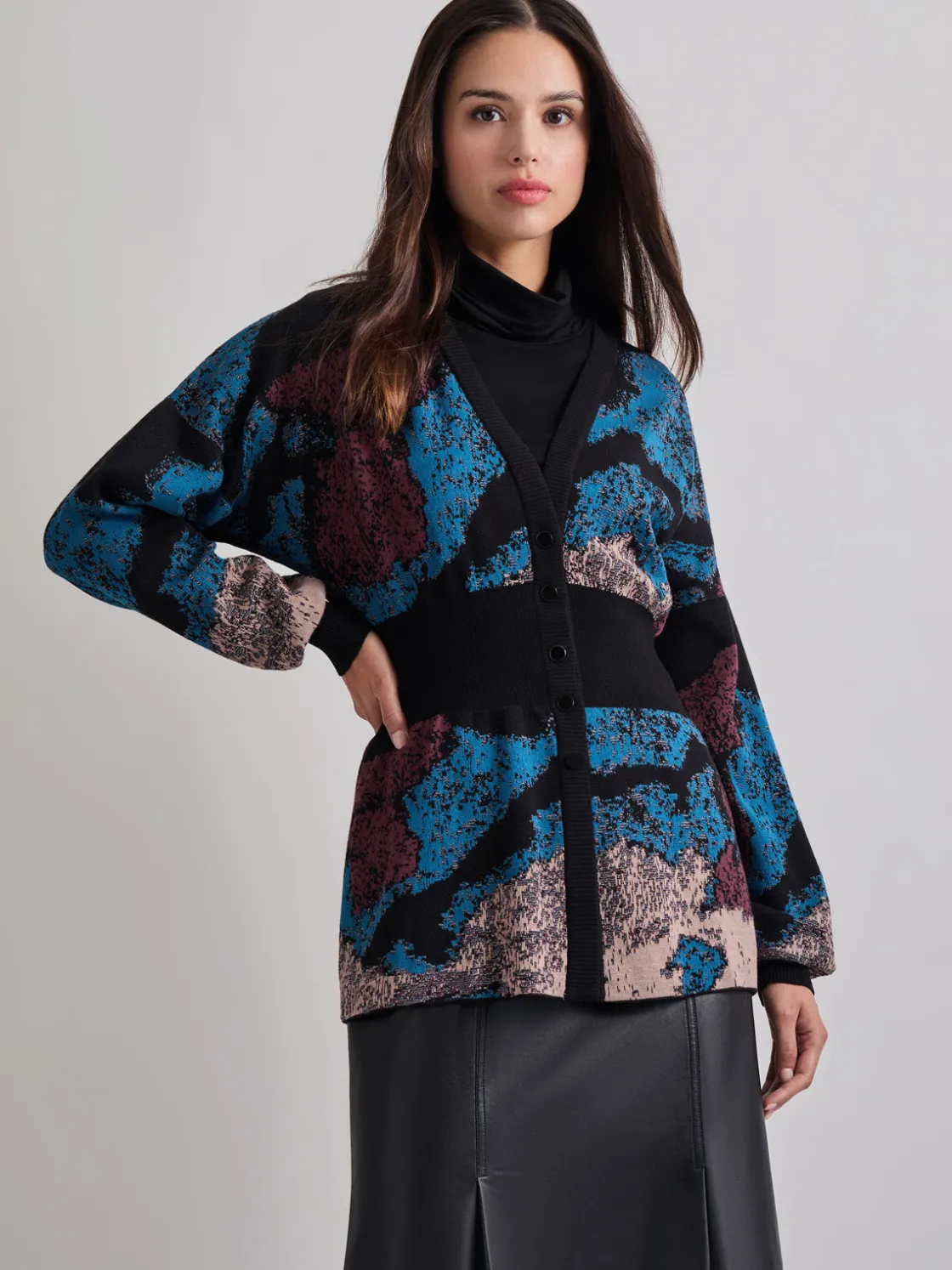 Misook Relaxed Fit Abstract Inset Waist Jacquard Knit Cardigan* Jackets & Coats