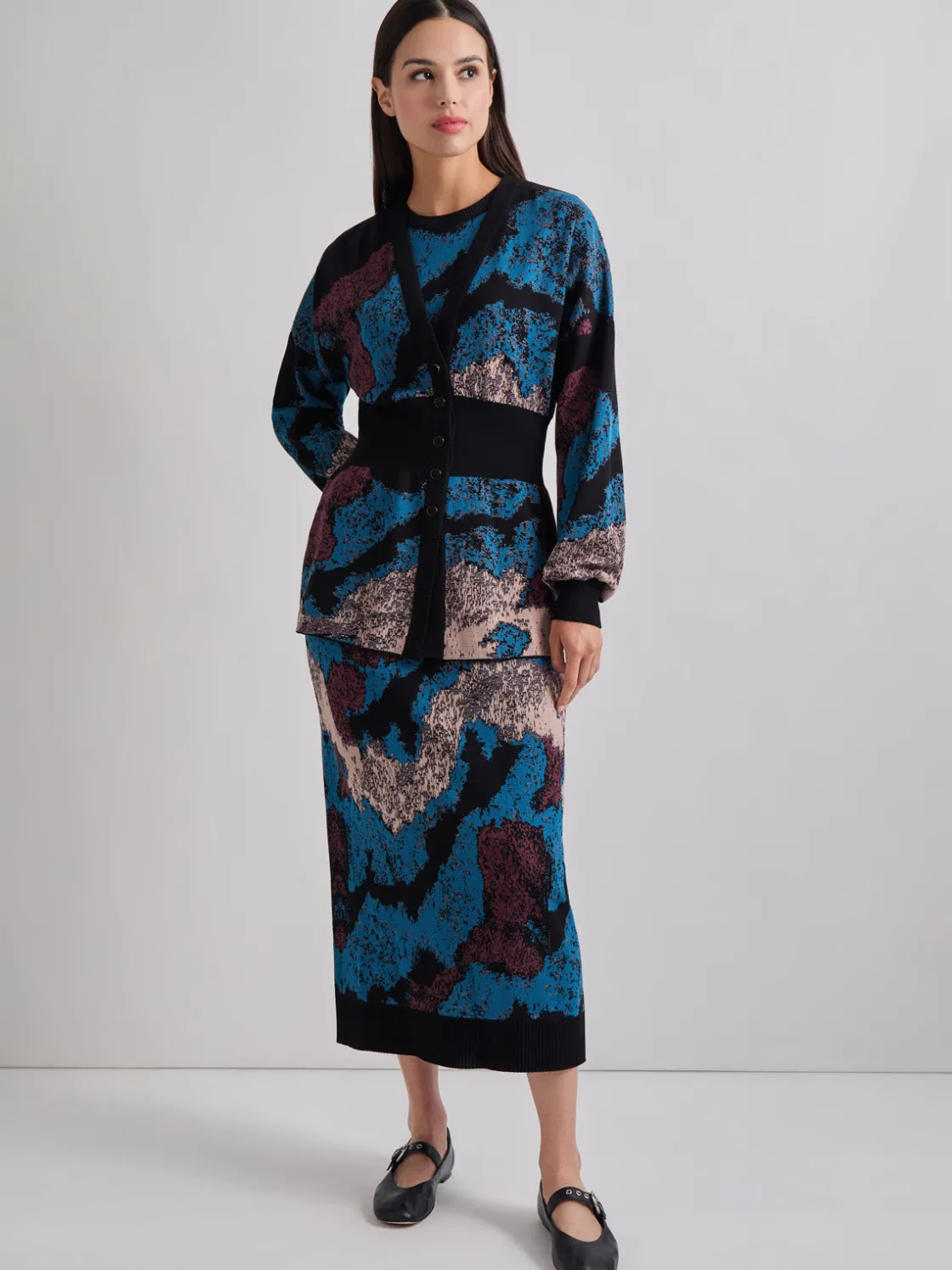 Misook Relaxed Fit Abstract Inset Waist Jacquard Knit Cardigan* Jackets & Coats