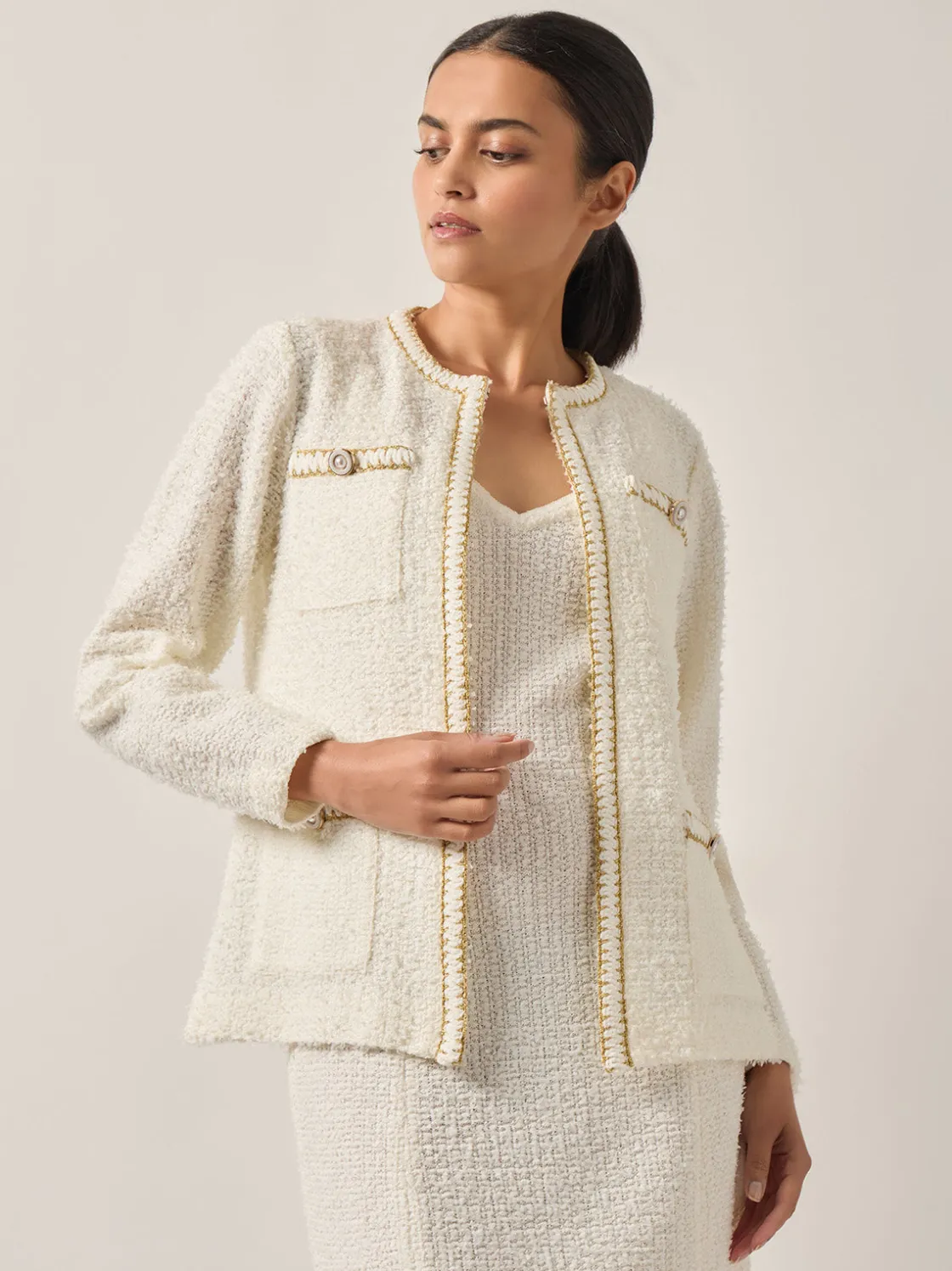 Misook Relaxed Fit Boucle Lurex Crochet Trim Knit Jacket* Jackets & Coats