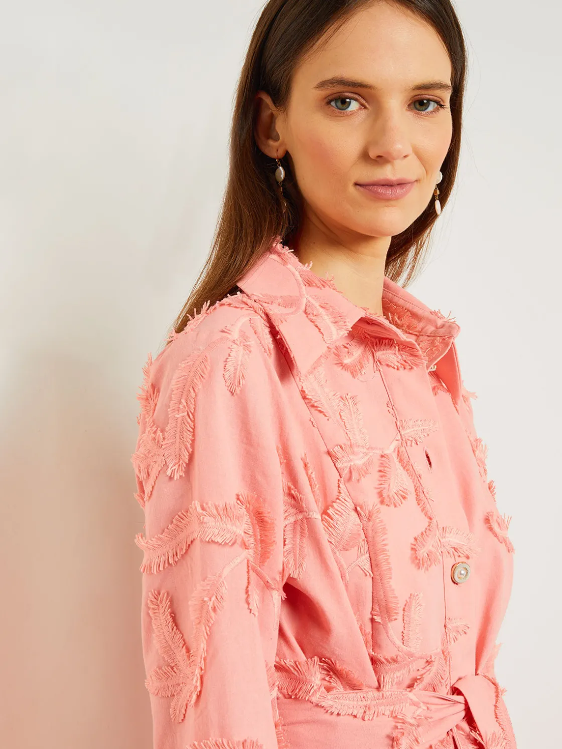 Misook Tailored Fit Button Front Jacket - Belted Fringe Applique Cotton* Jackets & Coats