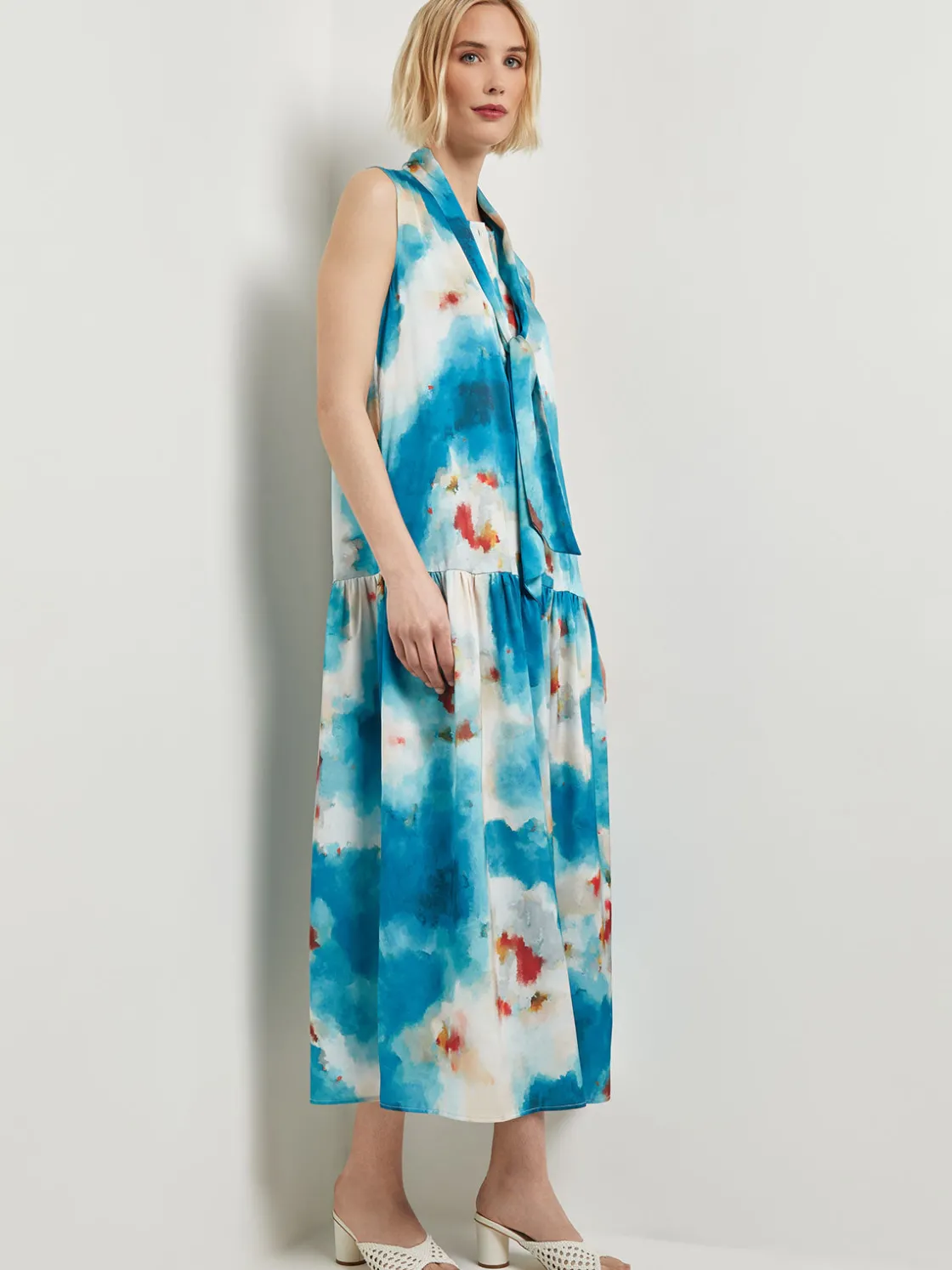 Misook Watercolor Removable Shawl Collar Crepe Maxi Dress* Dresses